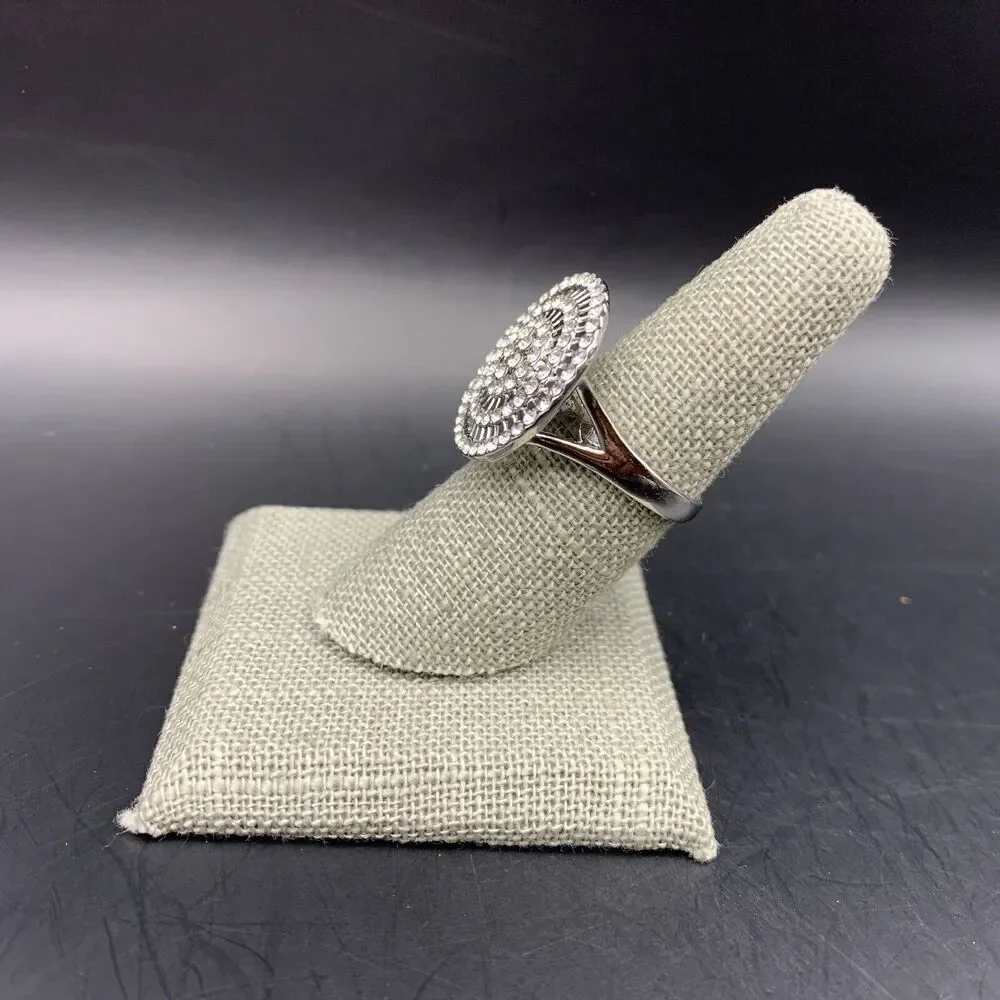 Clear Rhinestone Round Statement Ring Size 7.25 Large Big Floral Flower Center